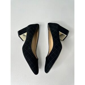 Talbots Isa Quilted Suede Pumps Size 8M Black Gold Accent Block Heel